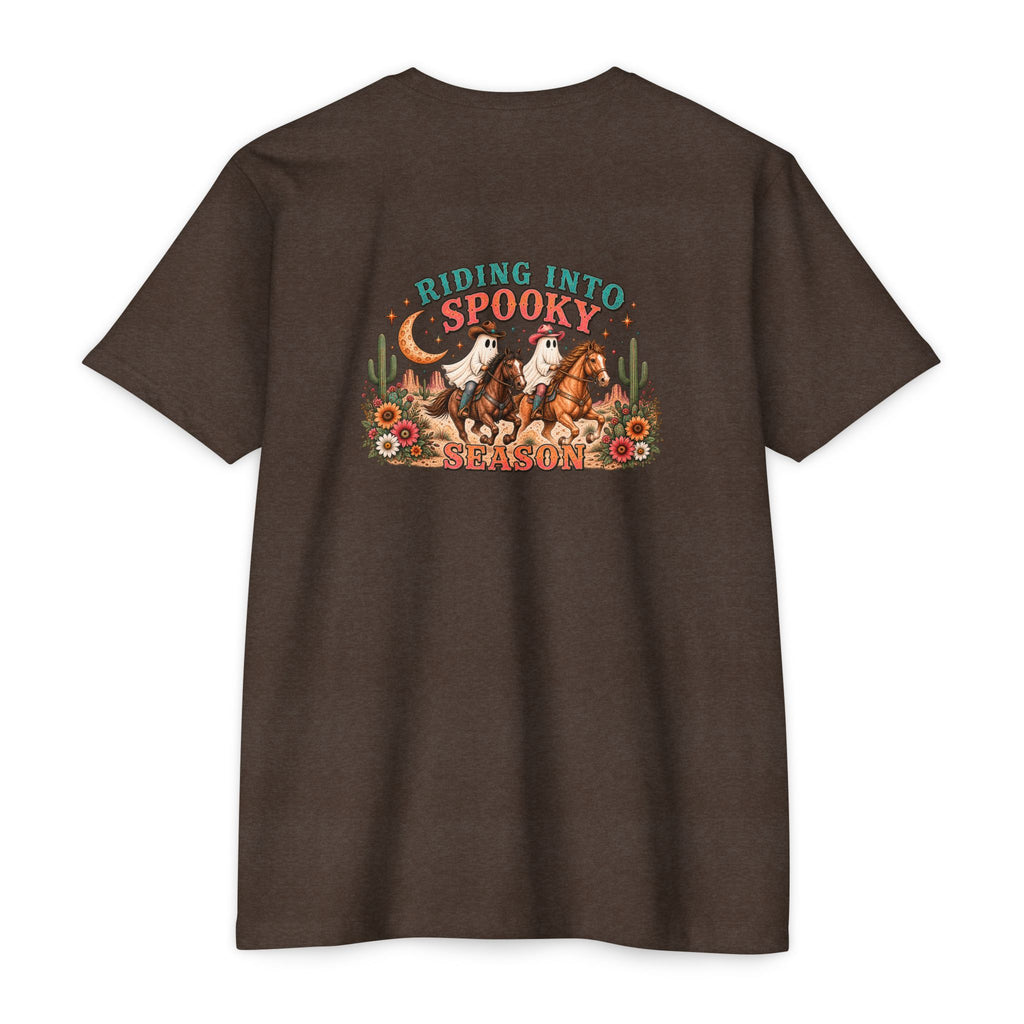 Riding Into Spooky Season Western Halloween Ghost Cowgirl Graphic Tee