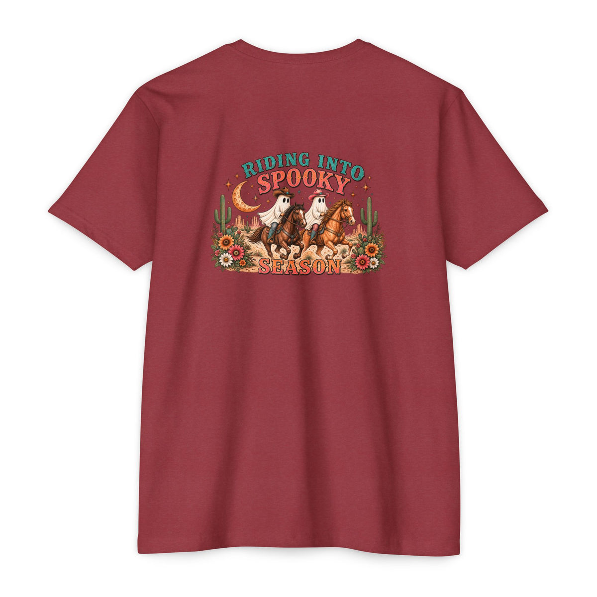 Riding Into Spooky Season Western Halloween Ghost Cowgirl Graphic Tee