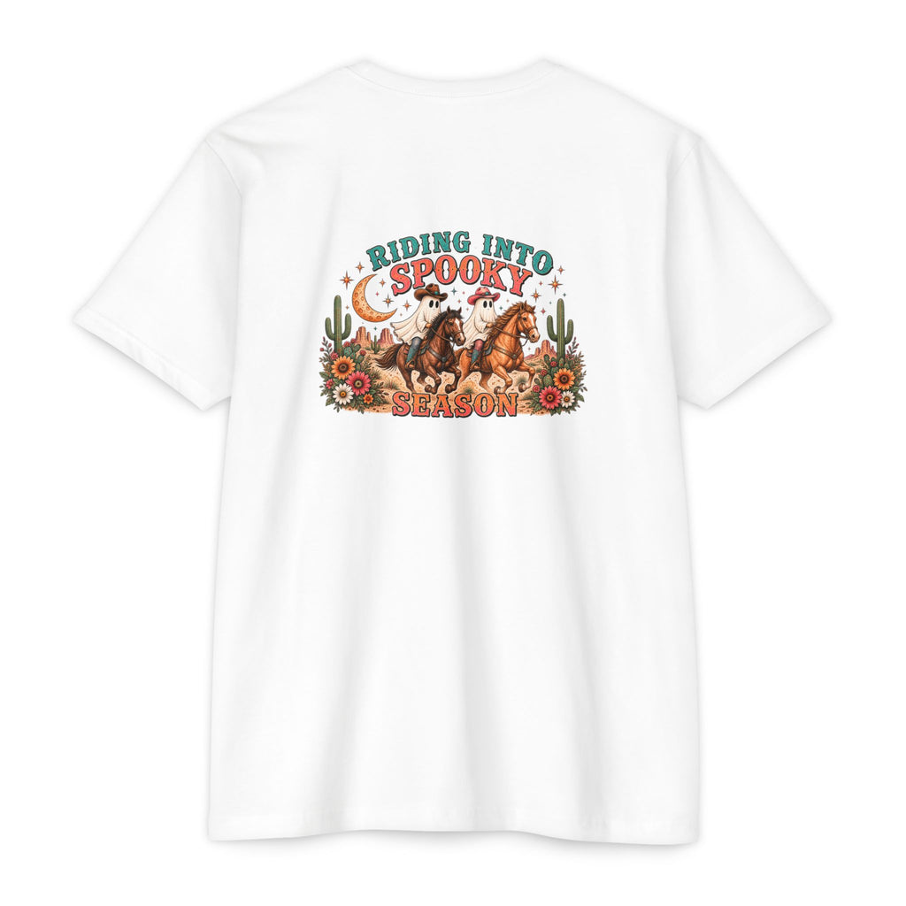 Riding Into Spooky Season Western Halloween Ghost Cowgirl Graphic Tee