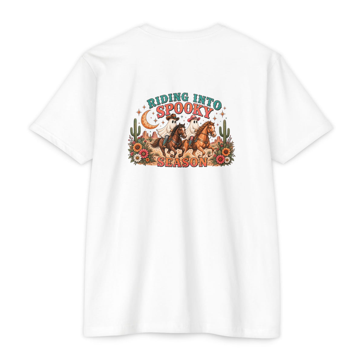 Riding Into Spooky Season Western Halloween Ghost Cowgirl Graphic Tee