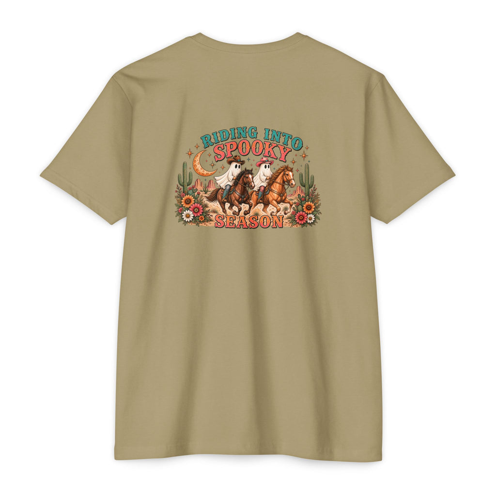 Riding Into Spooky Season Western Halloween Ghost Cowgirl Graphic Tee