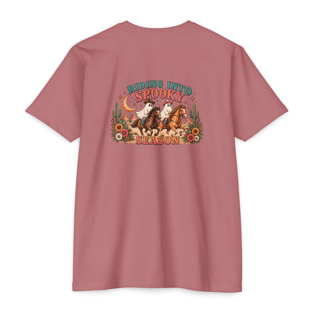 Riding Into Spooky Season Western Halloween Ghost Cowgirl Graphic Tee