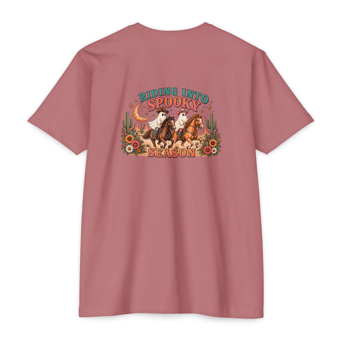 Riding Into Spooky Season Western Halloween Ghost Cowgirl Graphic Tee