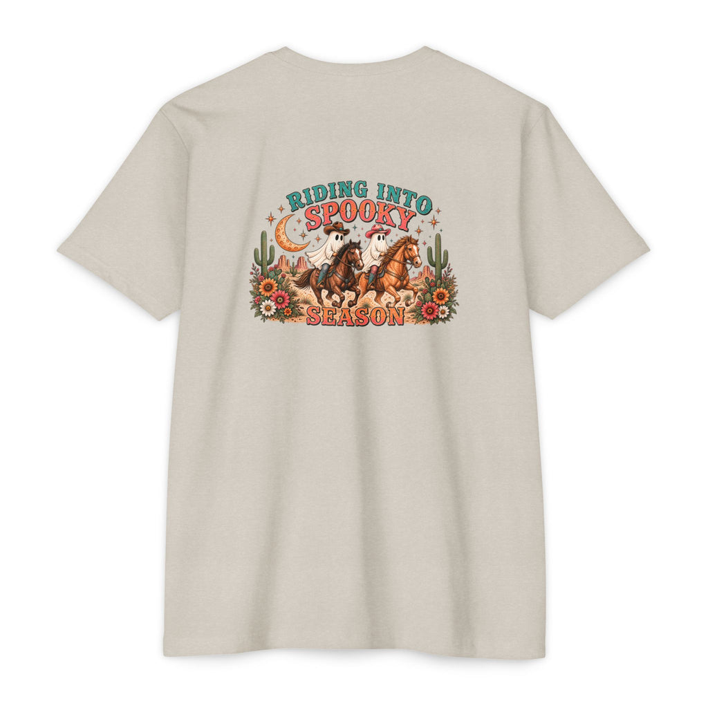 Riding Into Spooky Season Western Halloween Ghost Cowgirl Graphic Tee
