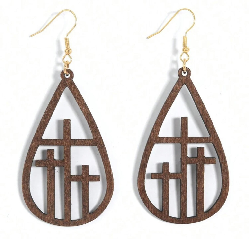 Beautiful Cross at Calvary Wood Earrings