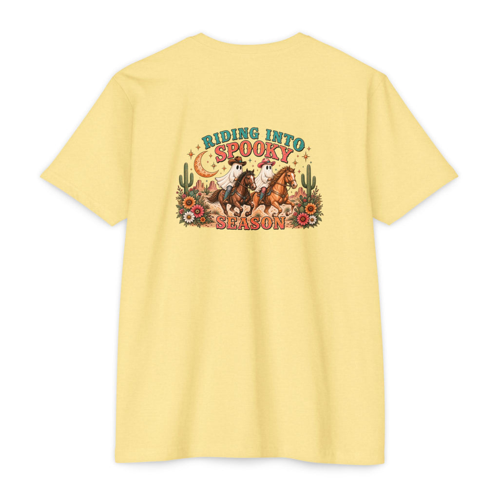 Riding Into Spooky Season Western Halloween Ghost Cowgirl Graphic Tee