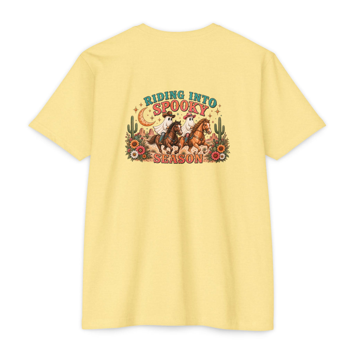 Riding Into Spooky Season Western Halloween Ghost Cowgirl Graphic Tee