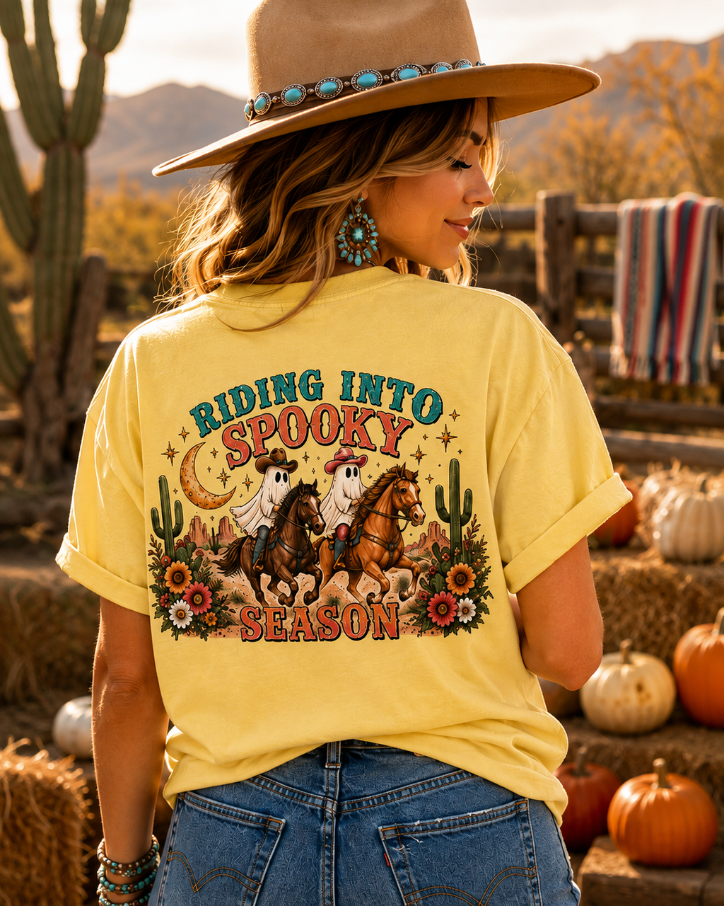 Riding Into Spooky Season Western Halloween Ghost Cowgirl Graphic Tee