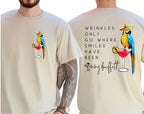 Wrinkles Only Go Where Smiles Have Been T-Shirt – Tropical-Inspired Memorial Tee with Palm Tree Graphic, Double-Sided Unisex Shirt